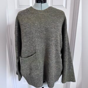 Max Studio Olive Oversized Crewneck Sweater with Front Pocket